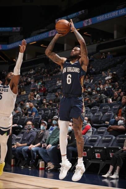 Nickeil Alexander-Walker of the New Orleans Pelicans shoots a three point basket against the Minnesota Timberwolves during a pre-season game on...