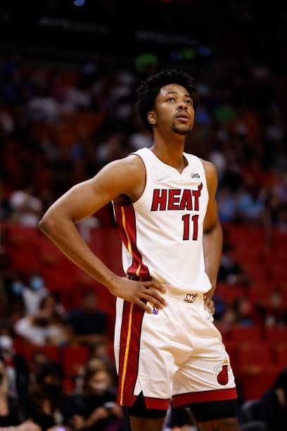 Okpala of the Miami Heat looks on during a preseason game against the Atlanta Hawks on October 4, 2021 at FTX Arena in Miami, Florida. NOTE TO USER:...