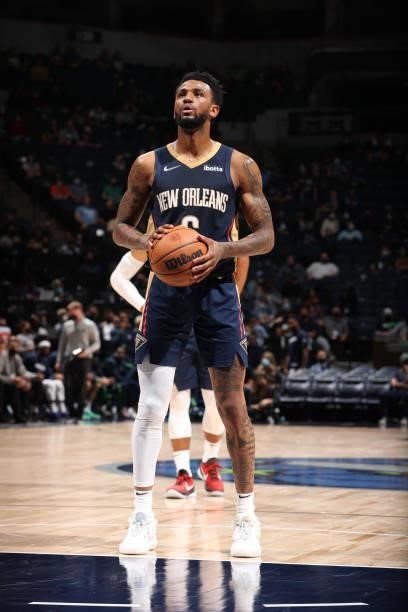 Nickeil Alexander-Walker of the New Orleans Pelicans shoots a free throw against the Minnesota Timberwolves during a pre-season game on October 4,...
