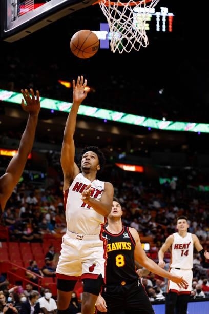 Okpala of the Miami Heat shoots the ball during a preseason game against the Atlanta Hawks on October 4, 2021 at FTX Arena in Miami, Florida. NOTE TO...