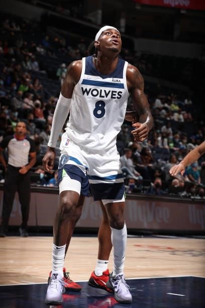 Jarred Vanderbilt of the Minnesota Timberwolves looks on during the game against the New Orleans Pelicans during a pre-season game on October 4, 2021...