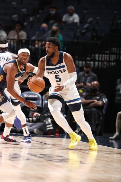 Malik Beasley of the Minnesota Timberwolves handles the ball during the game against the New Orleans Pelicans during a pre-season game on October 4,...
