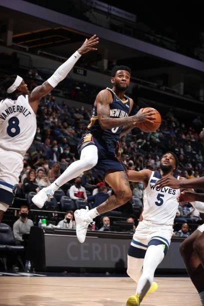 Nickeil Alexander-Walker of the New Orleans Pelicans drives to the basket against the Minnesota Timberwolves during a pre-season game on October 4,...