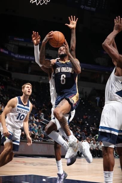Nickeil Alexander-Walker of the New Orleans Pelicans drives to the basket against the Minnesota Timberwolves during a pre-season game on October 4,...