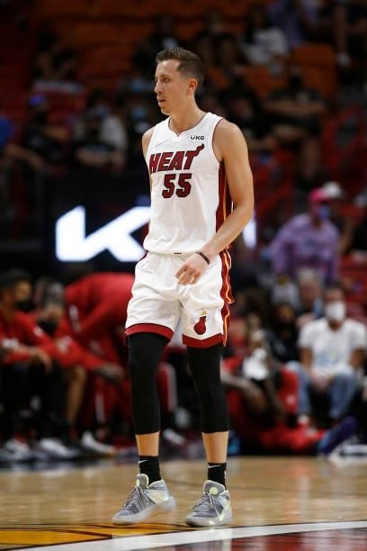 Duncan Robinson of the Miami Heat looks on during a preseason game against the Atlanta Hawks on October 4, 2021 at FTX Arena in Miami, Florida. NOTE...