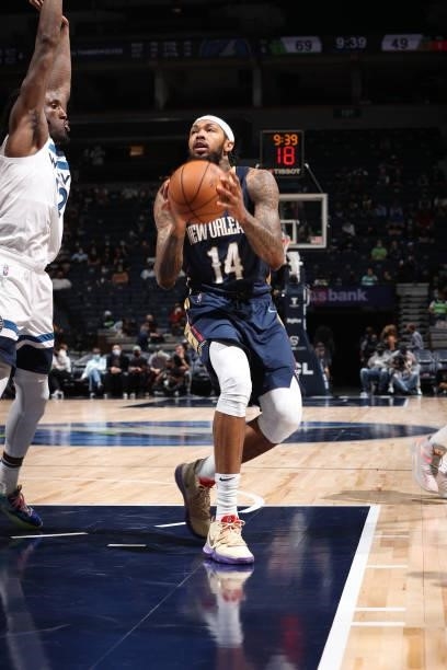 Brandon Ingram of the New Orleans Pelicans drives to the basket during the game against the Minnesota Timberwolves during a pre-season game on...