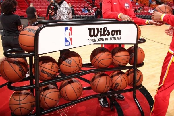 View of the Wilson basketball the official ball of the NBA during a preseason game between the Atlanta Hawks and the Miami Heat on October 4, 2021 at...