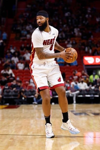 Markieff Morris of the Miami Heat handles the ball during a preseason game against the Atlanta Hawks on October 4, 2021 at FTX Arena in Miami,...