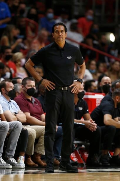 Head Coach Erik Spoelstra of the Miami Heat looks on during a preseason game against the Atlanta Hawks on October 4, 2021 at FTX Arena in Miami,...