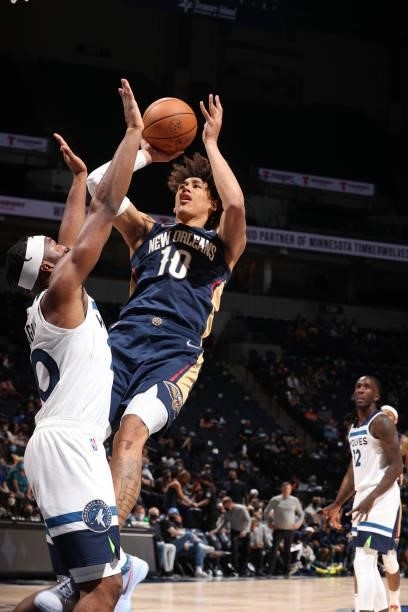 Jaxson Hayes of the New Orleans Pelicans drives to the basket against the Minnesota Timberwolves during a pre-season game on October 4, 2021 at...
