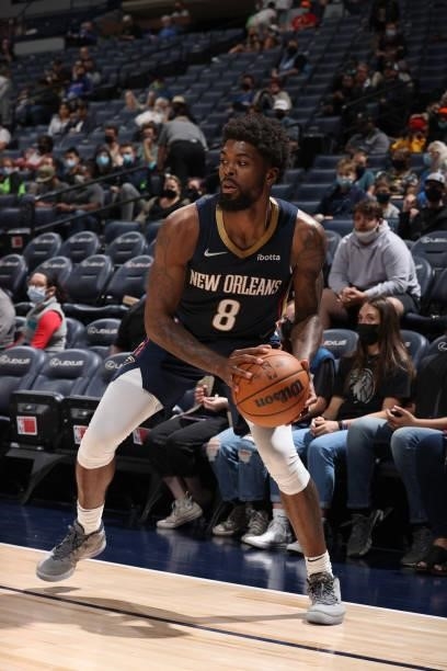 Naji Marshall of the New Orleans Pelicans handles the ball during the game against the Minnesota Timberwolves during a pre-season game on October 4,...