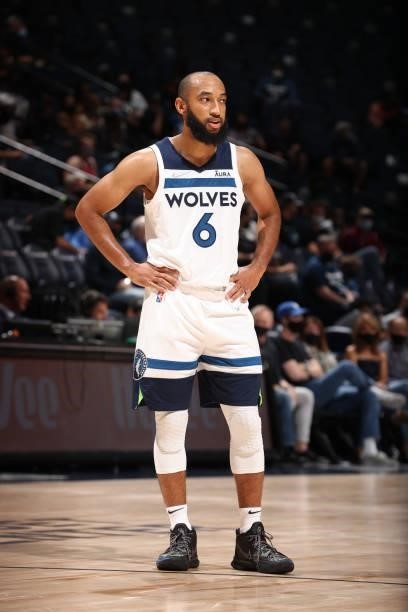 Jordan McLaughlin of the Minnesota Timberwolves looks on during the game against the New Orleans Pelicans during a pre-season game on October 4, 2021...