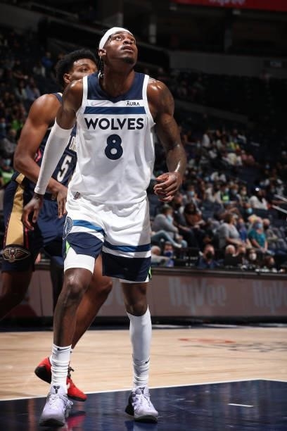 Jarred Vanderbilt of the Minnesota Timberwolves looks up during the game against the New Orleans Pelicans during a pre-season game on October 4, 2021...