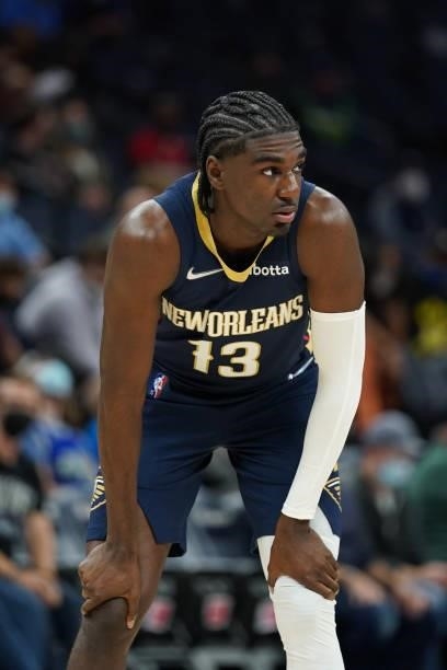 Kira Lewis Jr. #13 of the New Orleans Pelicans looks on during a preseason game against the Minnesota Timberwolves on October 4, 2021 at Target...