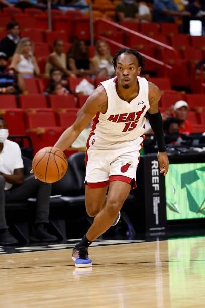Javonte Smart of the Miami Heat drives to the basket during a preseason game against the Atlanta Hawks on October 4, 2021 at FTX Arena in Miami,...