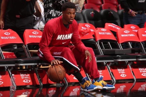 Kyle Lowry of the Miami Heat warms up prior to a preseason game against the Atlanta Hawks on October 4, 2021 at FTX Arena in Miami, Florida. NOTE TO...