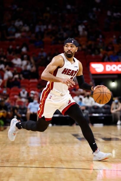 Gabe Vincent of the Miami Heat dribbles the ball during a preseason game against the Atlanta Hawks on October 4, 2021 at FTX Arena in Miami, Florida....