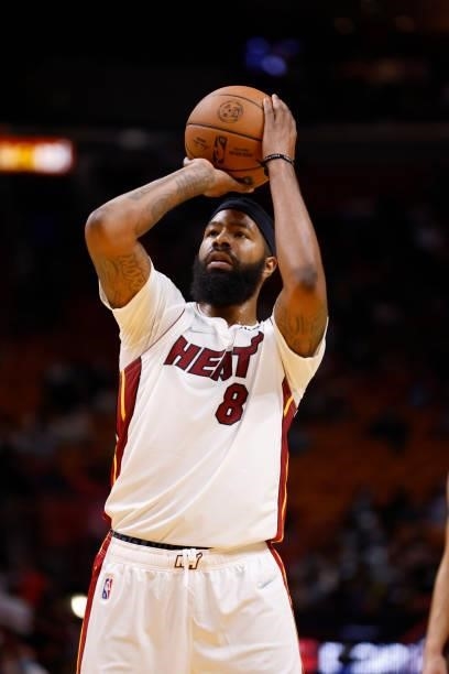 Markieff Morris of the Miami Heat looks on during a preseason game against the Atlanta Hawks on October 4, 2021 at FTX Arena in Miami, Florida. NOTE...