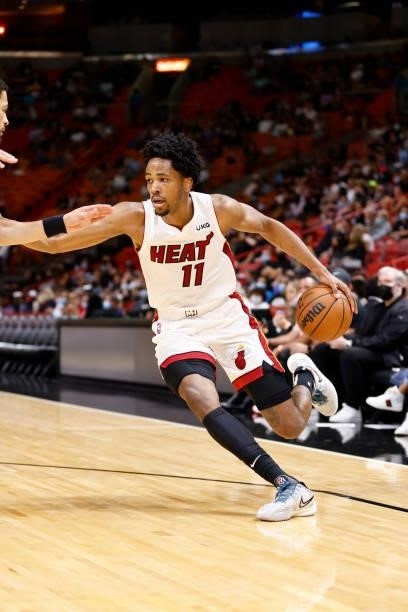 Okpala of the Miami Heat drives to the basket during the game against the Atlanta Hawks on October 4, 2021 at FTX Arena in Miami, Florida. NOTE TO...