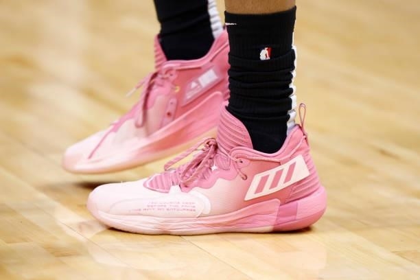The sneakers of John Collins of the Atlanta Hawks during a preseason game against the Miami Heat on October 4, 2021 at FTX Arena in Miami, Florida....
