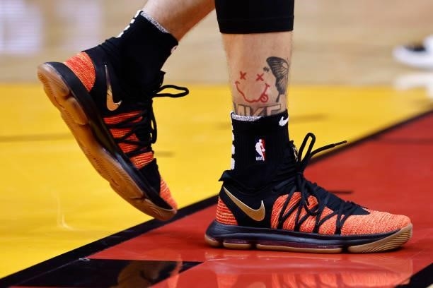 The sneakers of Tyler Herro of the Miami Heat during a preseason game against the Atlanta Hawks on October 4, 2021 at FTX Arena in Miami, Florida....
