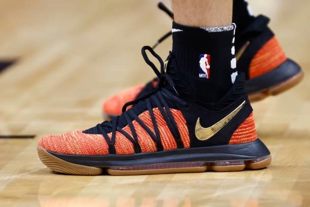 The sneakers of Tyler Herro of the Miami Heat during a preseason game against the Atlanta Hawks on October 4, 2021 at FTX Arena in Miami, Florida....