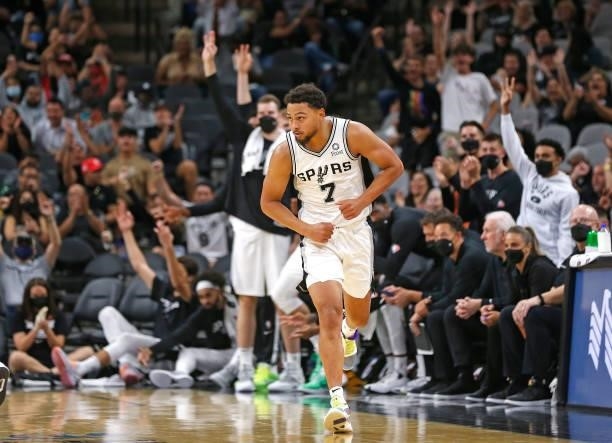 Bryn Forbes of the San Antonio Spurs hits a three in second half. San Antonio Spurs defeat Utah Jazz 111-85 in a preseason game at AT&T Center on...