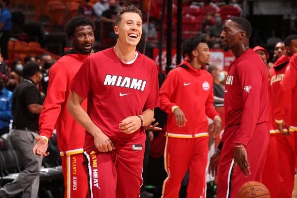 Duncan Robinson of the Miami Heat smiles before a preseason game against the Atlanta Hawks on October 4, 2021 at FTX Arena in Miami, Florida. NOTE TO...