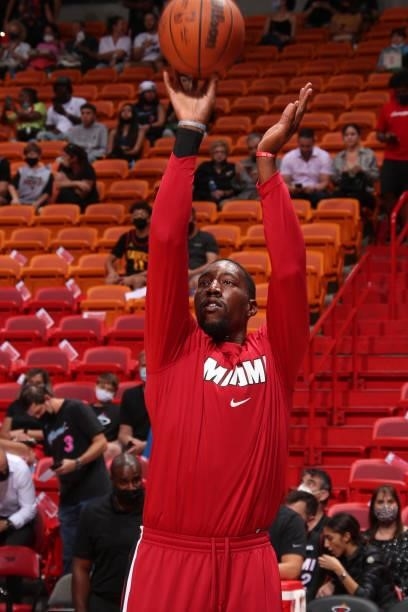 Bam Adebayo of the Miami Heat warms up prior to a preseason game against the Atlanta Hawks on October 4, 2021 at FTX Arena in Miami, Florida. NOTE TO...