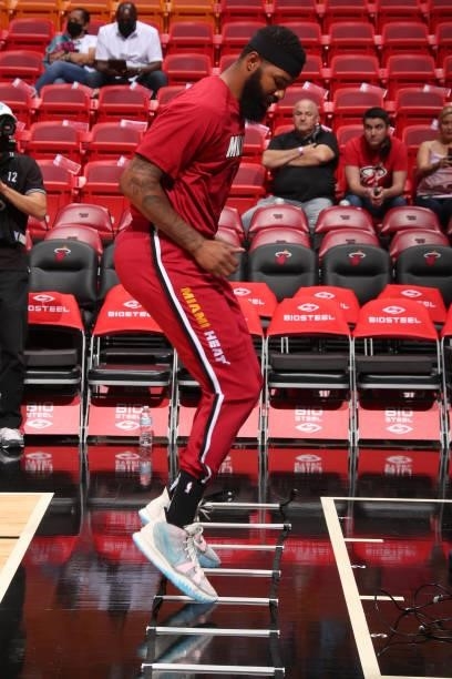 Markieff Morris of the Miami Heat warms up prior to a preseason game against the Atlanta Hawks on October 4, 2021 at FTX Arena in Miami, Florida....