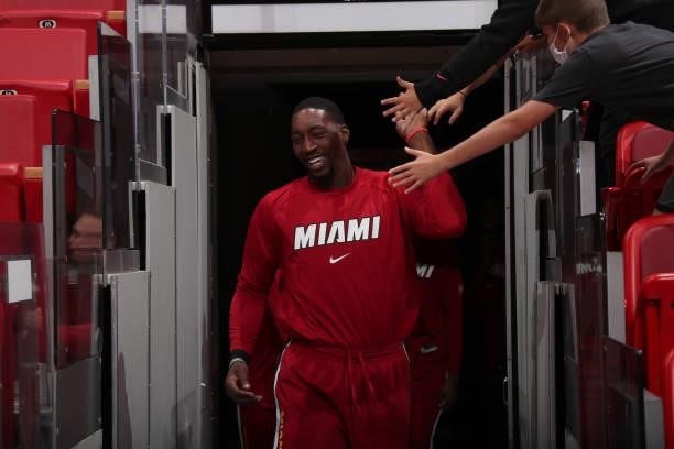 Bam Adebayo of the Miami Heat enters the arena prior to a preseason game against the Atlanta Hawks on October 4, 2021 at FTX Arena in Miami, Florida....