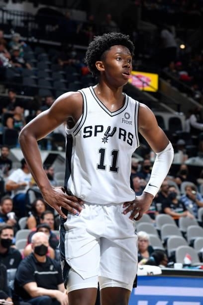 Josh Primo of the San Antonio Spurs looks on during the game against the Utah Jazz during a pre-season game on October 4, 2021 at the AT&T Center in...