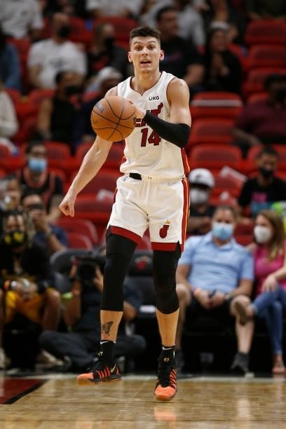 Tyler Herro of the Miami Heat dribbles the ball during a preseason game against the Atlanta Hawks on October 4, 2021 at FTX Arena in Miami, Florida....