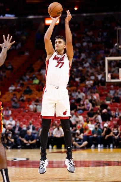 Omer Yurtseven of the Miami Heat shoots the ball during a preseason game against the Atlanta Hawks on October 4, 2021 at FTX Arena in Miami, Florida....