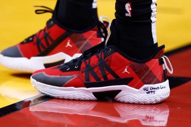 The sneakers of Bam Adebayo of the Miami Heat during a preseason game against the Atlanta Hawks on October 4, 2021 at FTX Arena in Miami, Florida....
