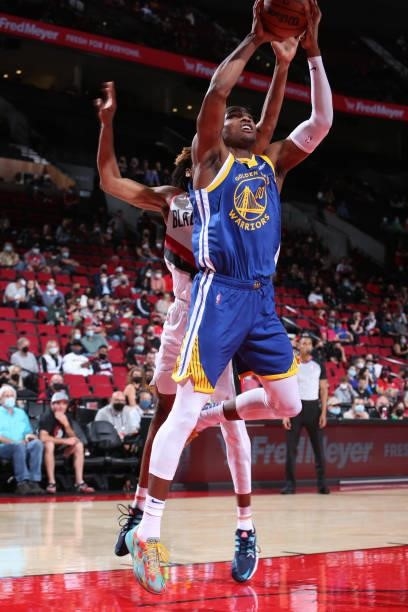 Jonathan Kuminga of the Golden State Warriors shoots the ball during the game against the Portland Trail Blazers on October 4, 2021 at the Moda...
