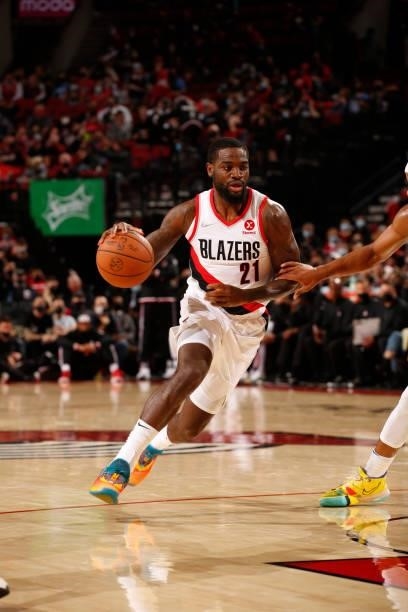 Keljin Blevins of the Portland Trail Blazers drives to the basket during a preseason game against the Golden State Warriors on October 4, 2021 at the...