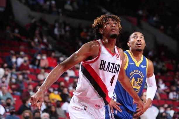 Greg Brown III of the Portland Trail Blazers fights for position during the game against the Golden State Warriors on October 4, 2021 at the Moda...