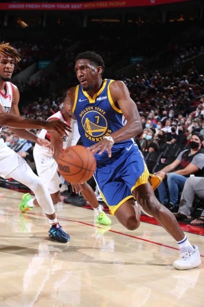 Langston Galloway of the Golden State Warriors dribbles the ball during the game against the Portland Trail Blazers on October 4, 2021 at the Moda...
