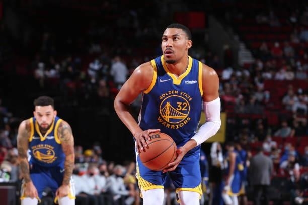Otto Porter Jr. #32 of the Golden State Warriors shoots a free throw during the game against the Portland Trail Blazers on October 4, 2021 at the...