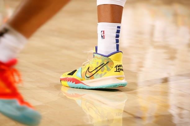 The sneakers worn by Moses Moody of the Golden State Warriors during a preseason game against the Portland Trail Blazers on October 4, 2021 at the...