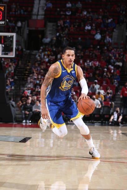 Juan Toscano-Anderson of the Golden State Warriors dribbles the ball during the game against the Portland Trail Blazers on October 4, 2021 at the...
