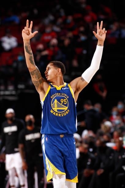 Juan Toscano-Anderson of the Golden State Warriors celebrates during a preseason game against the Portland Trail Blazers on October 4, 2021 at the...