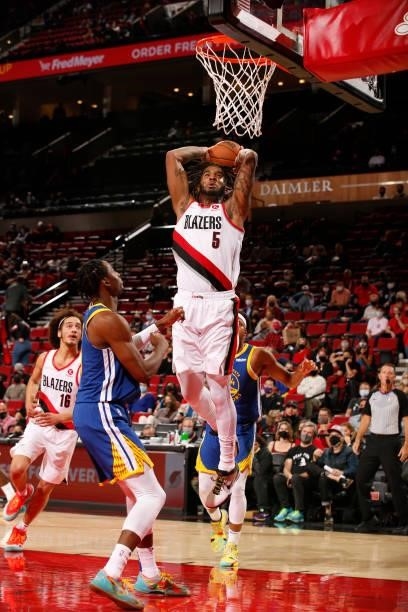 Marquese Chriss of the Portland Trail Blazers drives to the basket during a preseason game against the Golden State Warriors on October 4, 2021 at...