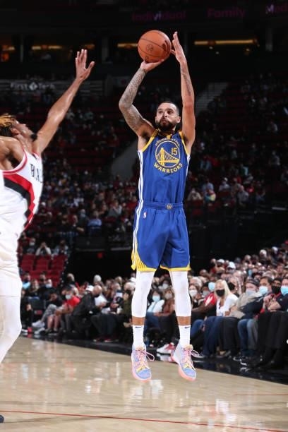 Mychal Mulder of the Golden State Warriors shoots a three point basket during the game against the Portland Trail Blazers on October 4, 2021 at the...