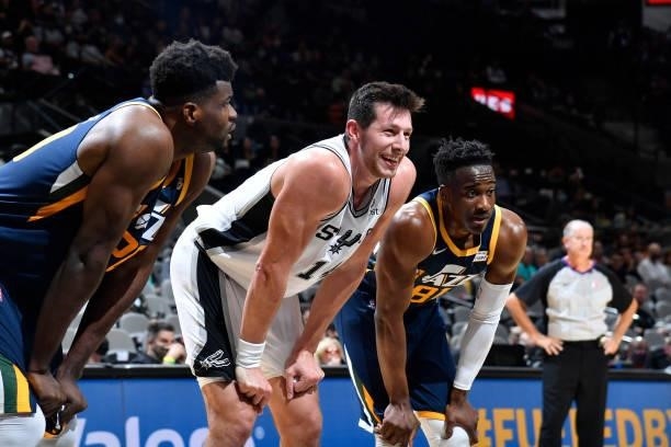 Drew Eubanks of the San Antonio Spurs smiles during the game against the Utah Jazz during a pre-season game on October 4, 2021 at the AT&T Center in...