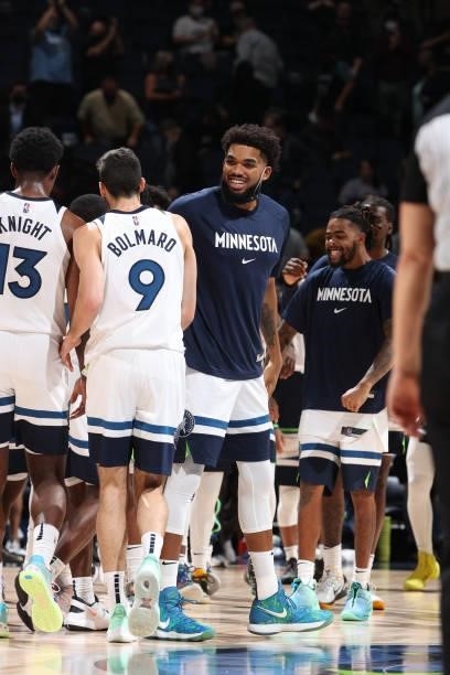 Karl-Anthony Towns of the Minnesota Timberwolves smiles after the game against the New Orleans Pelicans during a pre-season game on October 4, 2021...