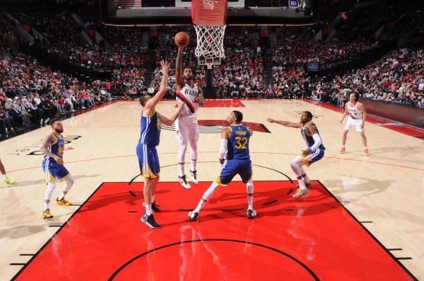 Marquese Chriss of the Portland Trail Blazers shoots the ball during the game against the Golden State Warriors on October 4, 2021 at the Moda Center...
