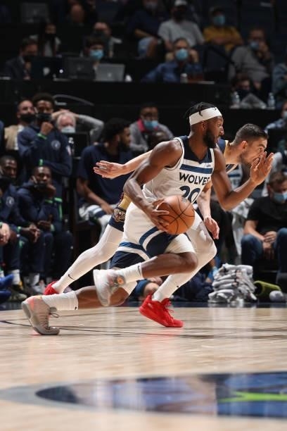 Josh Okogie of the Minnesota Timberwolves dribbles the ball during the game against the New Orleans Pelicans during a pre-season game on October 4,...