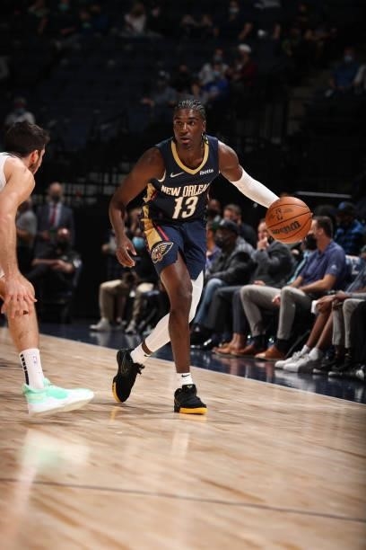 Kira Lewis Jr. #13 of the New Orleans Pelicans handles the ball during the game against the Minnesota Timberwolves during a pre-season game on...